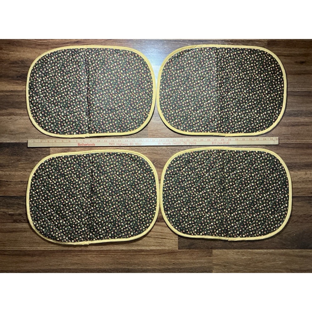 Set Of 4 VTG Quilted Placemats Raymar Brown Yellow Floral Butterflies 13" X 19"